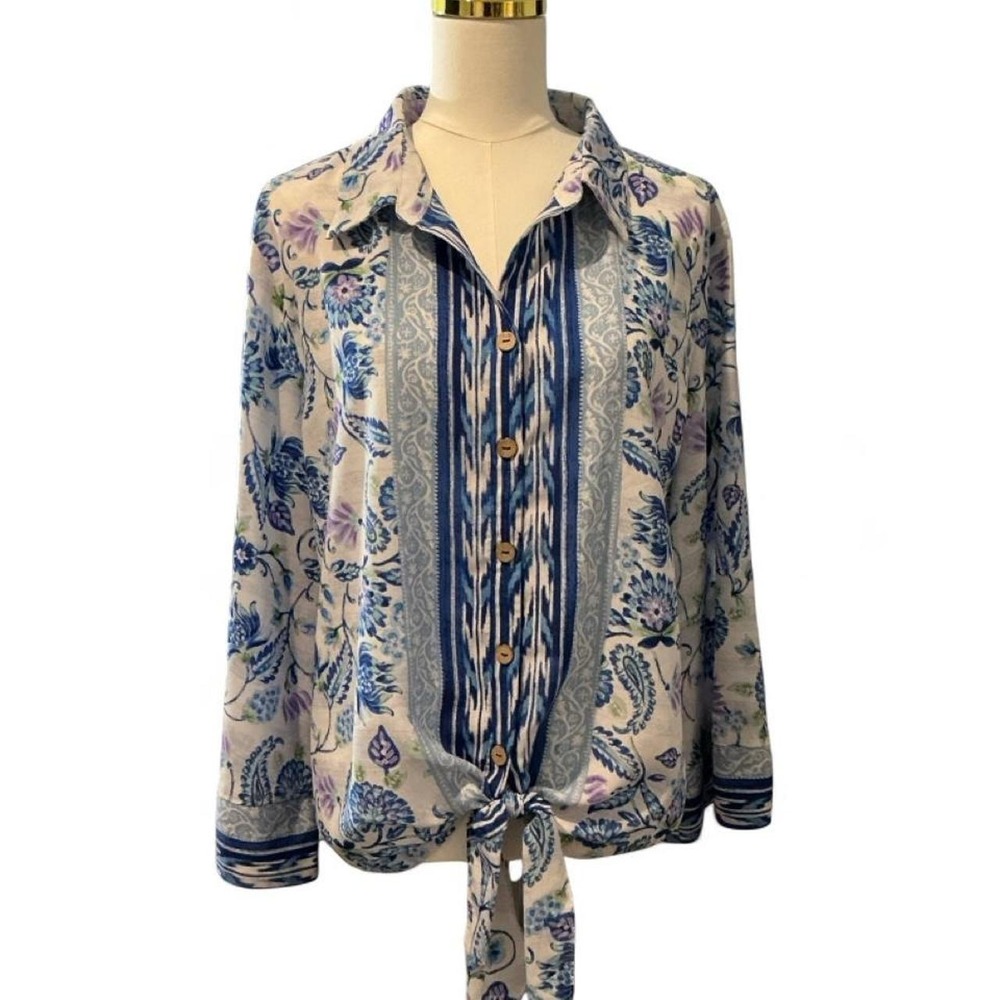 Floral & Ivy Button Front Blouse Women 2X Blue Purple Excellent Tie Hem Floral